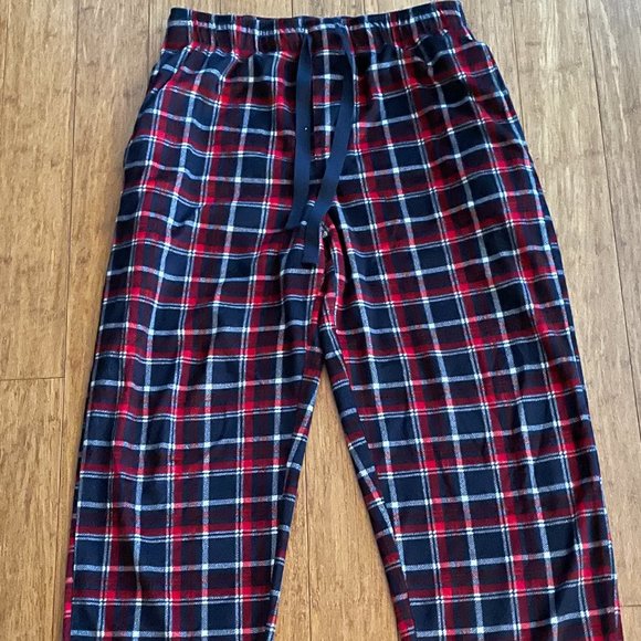 MENS FLANNEL RED NAVY PLAID PAJAMA PJ PANTS SZ MEDIUM ELASTIC WAIST TIE FRONT - Picture 1 of 1